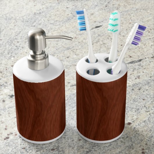 Dark Mahogany Wood Pattern Woodgrain Look Soap Dispenser & Toothbrush Holder (Front)