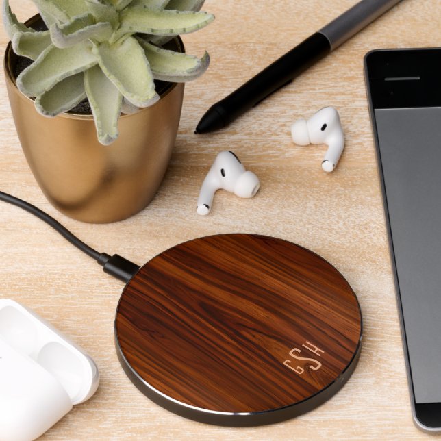 Dark Mahogany Wood Texture, Monogram Wireless Charger (Desk 2)