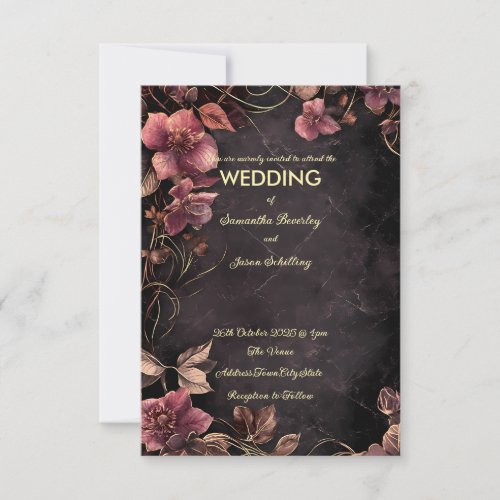 Dark Marble Background with Red floral borders Invitation