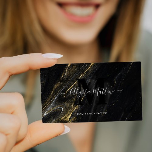 Dark Marble Gold Glitter Elegant Modern Monogram Business Card
