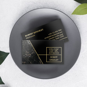 Dark Marble & Gold Masculine Clean Monogram Foil Business Cards