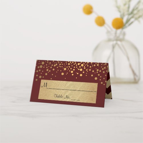 Dark Maroon and Gold Chevron and Confetti Dots 2 Place Card