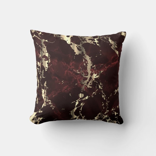 Dark Maroon and Gold Marble Throw Pillow (Front)