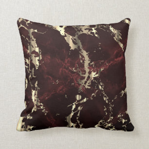 Dark Maroon and Gold Marble Throw Pillow