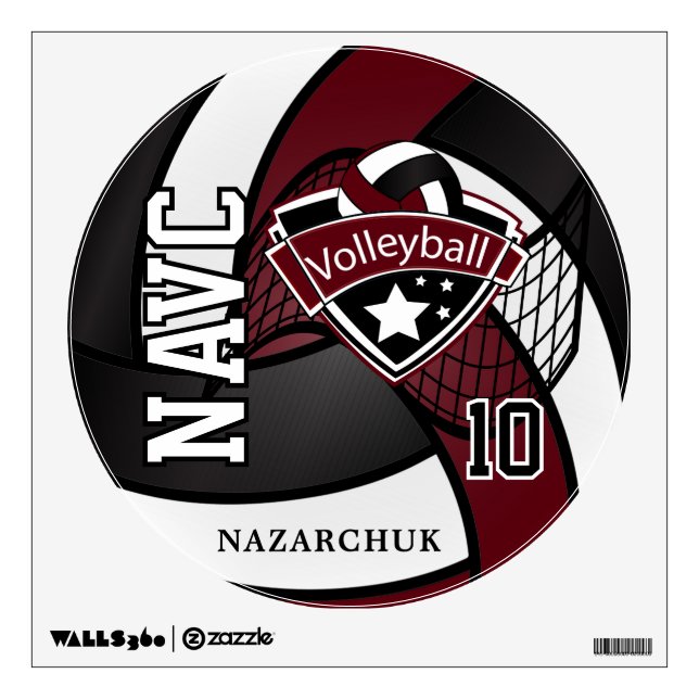 Dark Maroon, Black & White Personalize Volleyball Wall Decal (Front)
