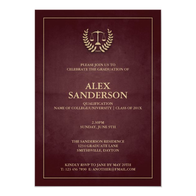 Dark Maroon+Gold Law School/Legal Graduation Invitation