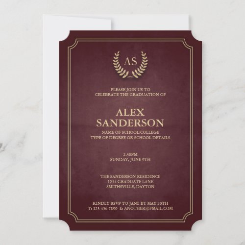 Dark MaroonGold MonogramLaurel Wreath Graduation Invitation