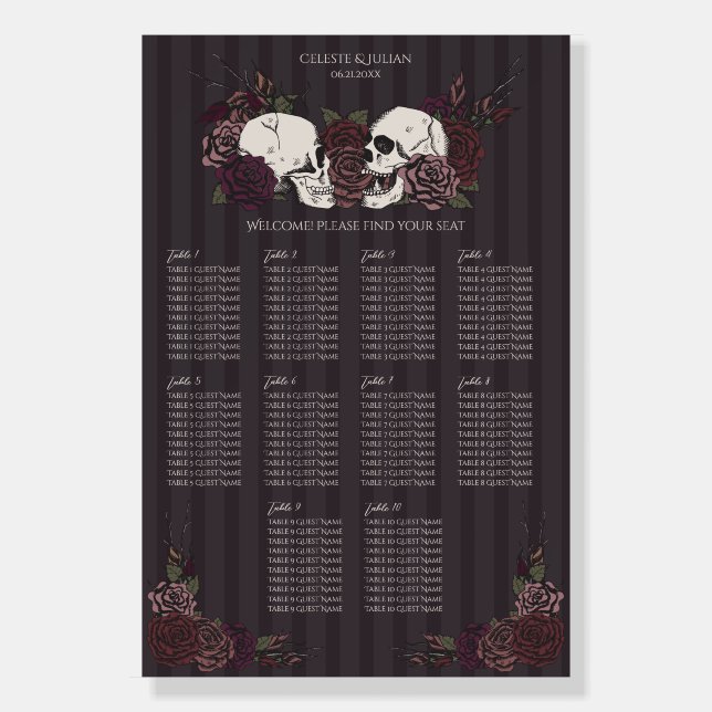 Dark Maroon Gothic Skull Seating Chart Sign (Front)