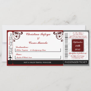 Dark Maroon Gray Boarding Pass Wedding Invitation