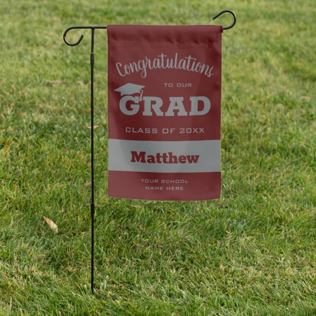 Dark Maroon Gray Bold Graduation Garden Flag (In SItu)