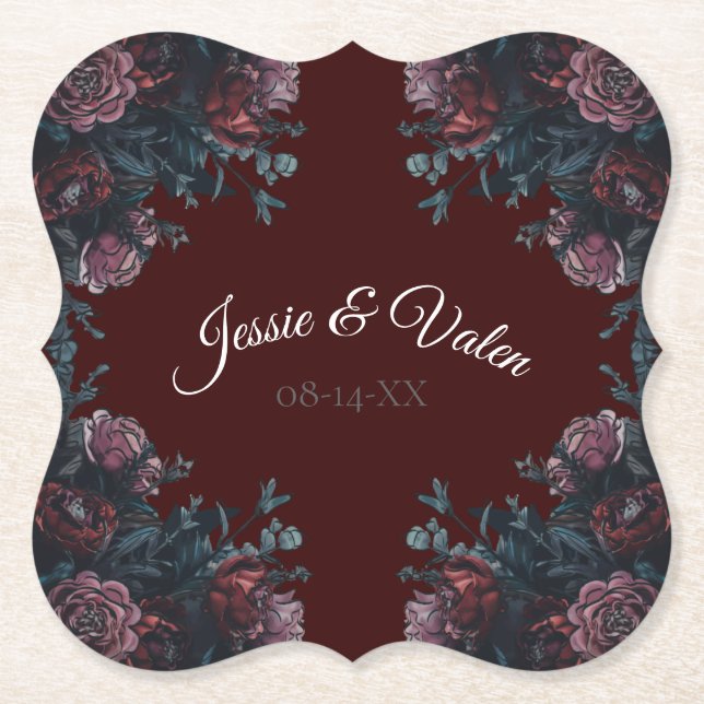 Dark Maroon Mauve Gothic Elegant Wedding Paper Coaster (Front)