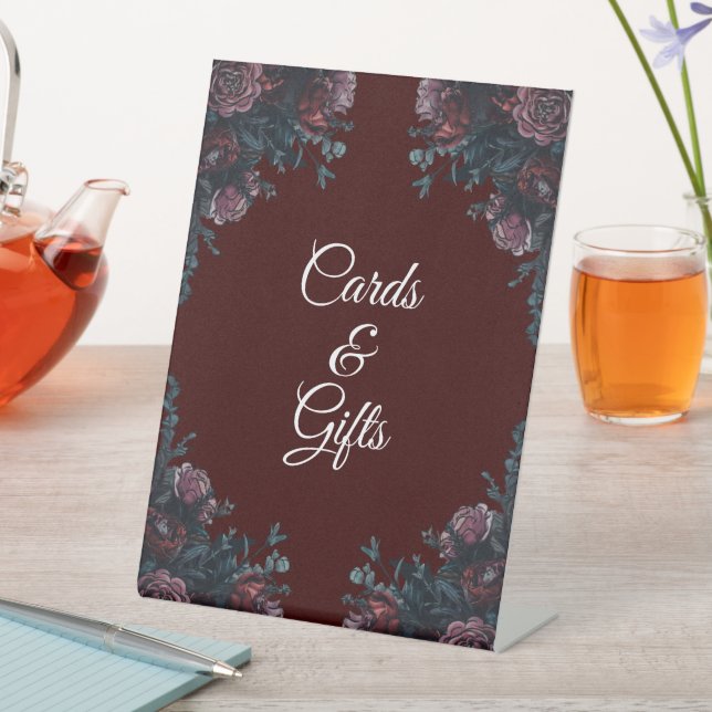 Dark Maroon Mauve Gothic Elegant Wedding Pedestal Sign (In SItu)