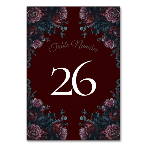 Dark Maroon Mauve Gothic Elegant Wedding Table Number
