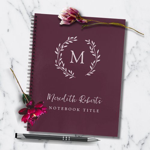 Dark Maroon Monogram Wreath Personalized Name Notebook