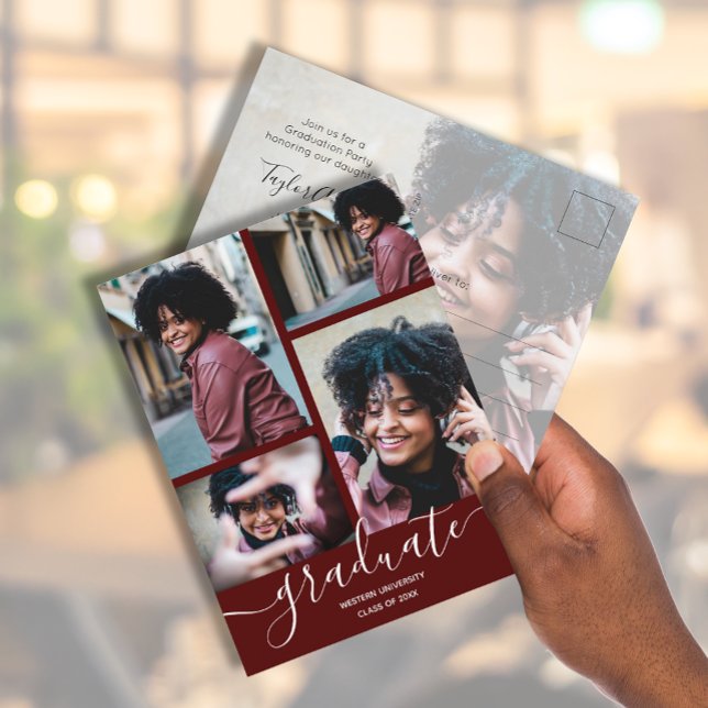 Dark Maroon Photo Graduation Party Invitation Postcard (Creator Uploaded)