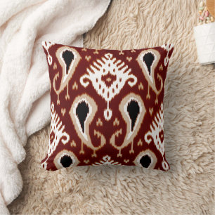 Dark Maroon Red Brown Ikat Tribal Art Pattern Throw Pillow