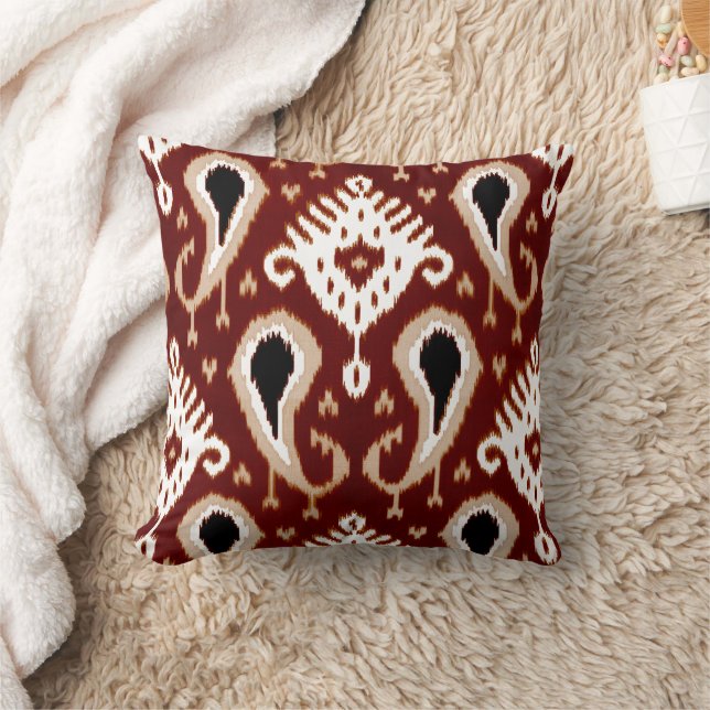 Dark Maroon Red Brown Ikat Tribal Art Pattern Throw Pillow (Blanket)