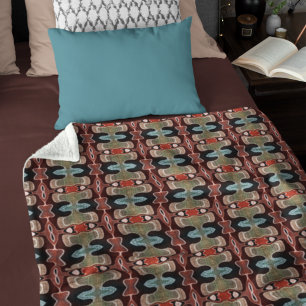 Dark Maroon Red Orange Teal Blue Green Tribe Art Fleece Blanket