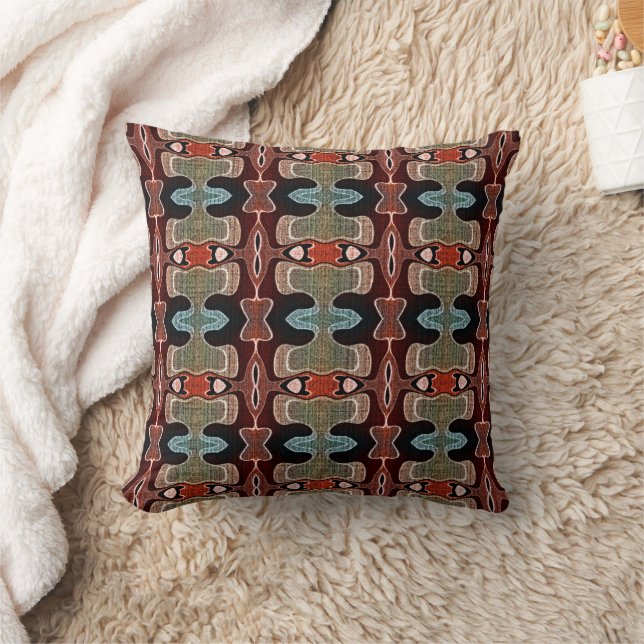 Dark Maroon Red Orange Teal Blue Green Tribe Art Throw Pillow (Blanket)