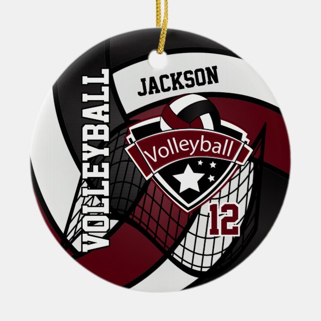 Dark Maroon, White and Black Logo Volleyball Ceramic Ornament (Front)