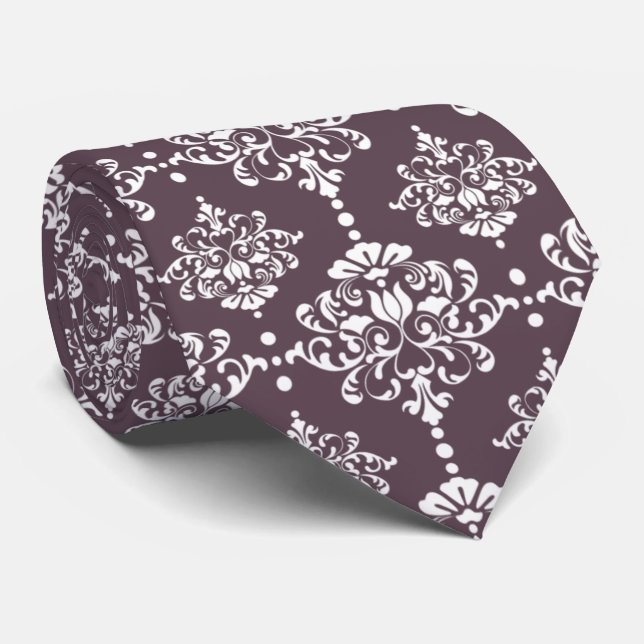 Dark Mauve Floral Damask Pattern Groomsmen Wedding Neck Tie (Rolled)