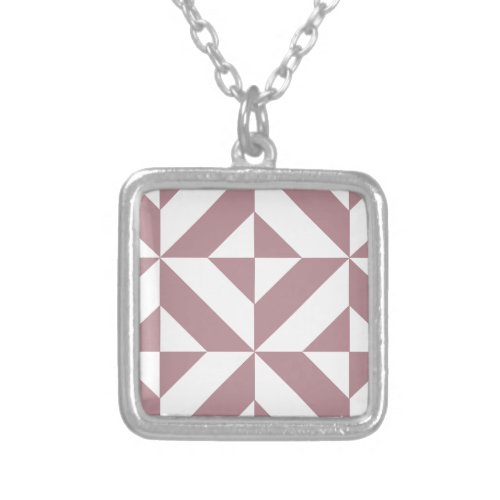 Dark Mauve Geometric Deco Cube Pattern Silver Plated Necklace