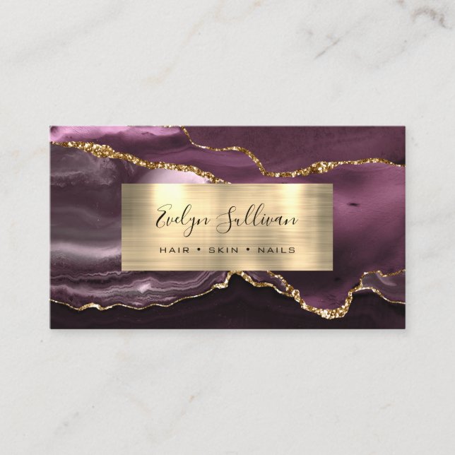 Dark Mauve Gold Foil Agate Business Card (Front)