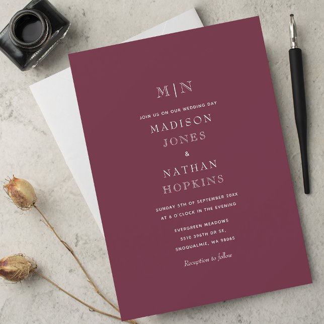 Dark Mauve Minimal Monogram Wedding  Invitation (Creator Uploaded)