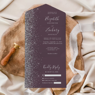 Dark Mauve Purple Silver Glitter Wedding All In One Invitation