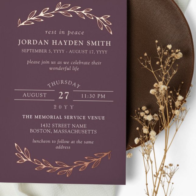 Dark Mauve & Rose Gold Greenery Life Celebration Foil Invitation (Creator Uploaded)