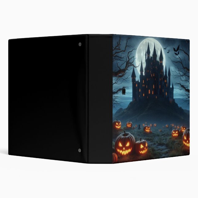 Dark, medieval castle, bats, & pumpkins 3 ring binder (Background)