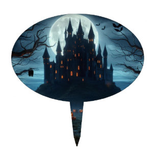 Dark, medieval castle, bats, & pumpkins cake topper