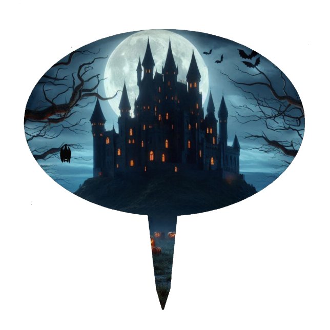 Dark, medieval castle, bats, & pumpkins cake topper (Front)