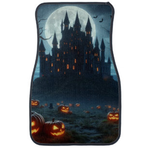 Dark, medieval castle, bats, & pumpkins car floor mat