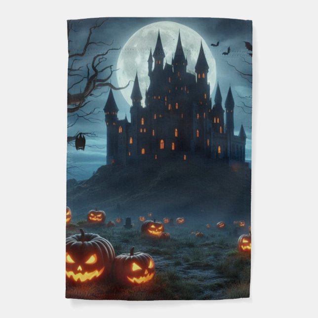 Dark, medieval castle, bats, & pumpkins garden flag (Front)