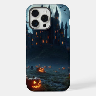 Dark, medieval castle, bats, & pumpkins iPhone 15 pro max case