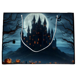 Dark, medieval castle, bats, & pumpkins large gift bag