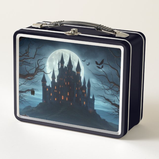 Dark, medieval castle, bats, & pumpkins metal lunch box (Front)