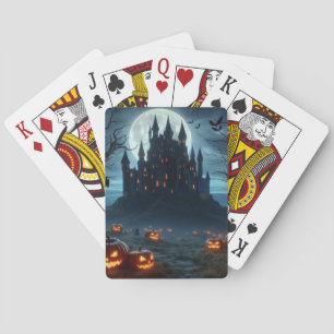 Dark, medieval castle, bats, & pumpkins poker cards