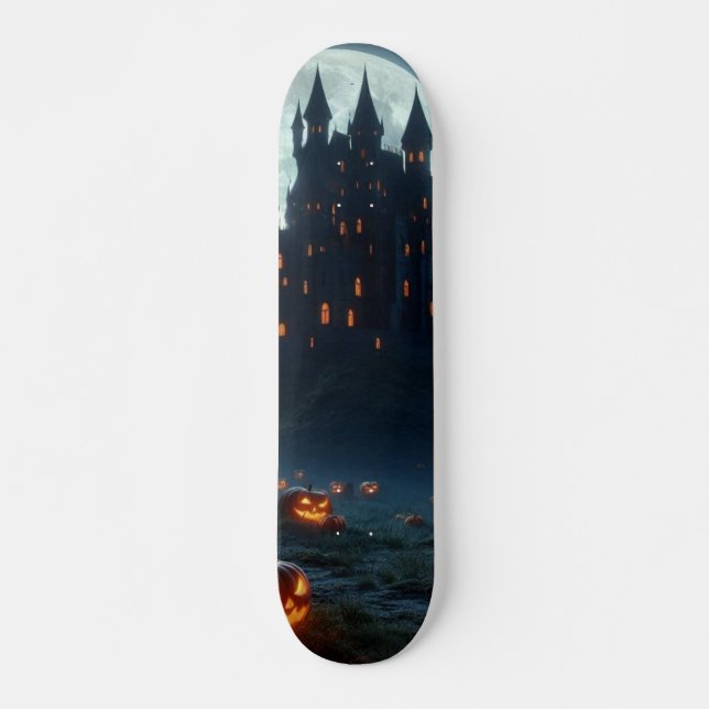 Dark, medieval castle, bats, & pumpkins skateboard (Front)