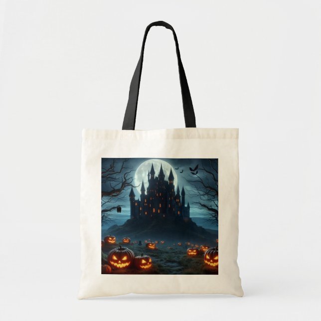 Dark, medieval castle, bats, & pumpkins tote bag (Front)