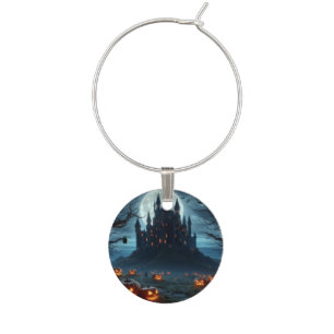 Dark, medieval castle, bats, & pumpkins wine charm