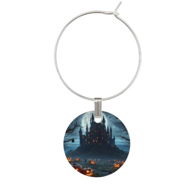 Dark, medieval castle, bats, & pumpkins wine charm (Front)