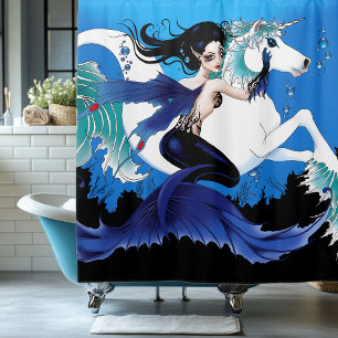 Dark Mermaid Fairy Unicorn Sea Horse Blue Fantasy Shower Curtain