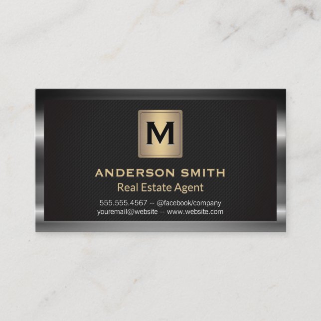 Dark Metallic Frame | Black Texture | Monogram Business Card (Front)