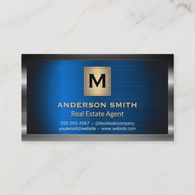 Dark Metallic Frame | Blue Metallic Background Business Card (Front)