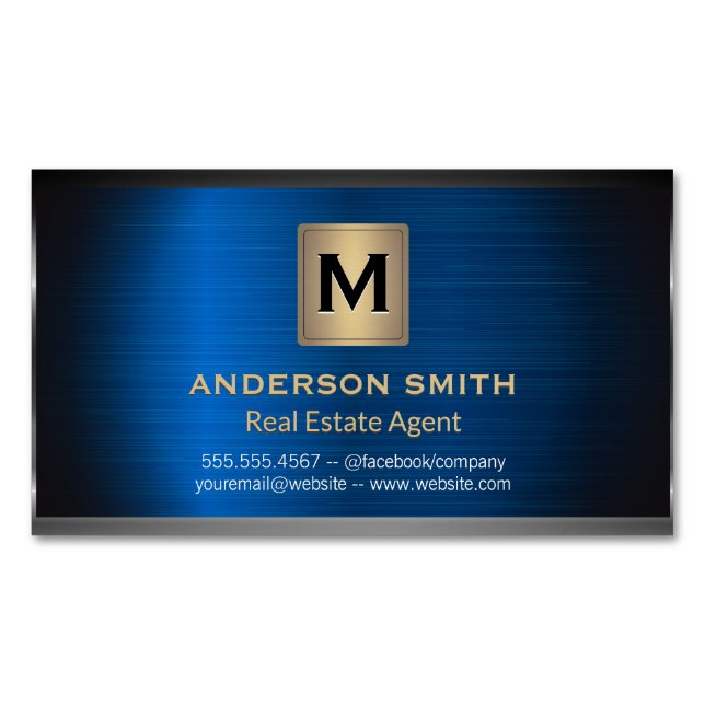 Dark Metallic Frame | Blue Metallic Background Business Card Magnet (Front)