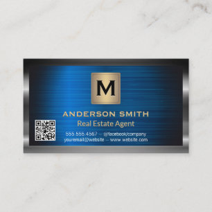 Dark Metallic Frame Blue Metallic QR Code Business Card