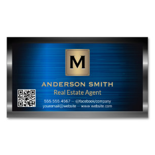 Dark Metallic Frame Blue Metallic QR Label Business Card Magnet