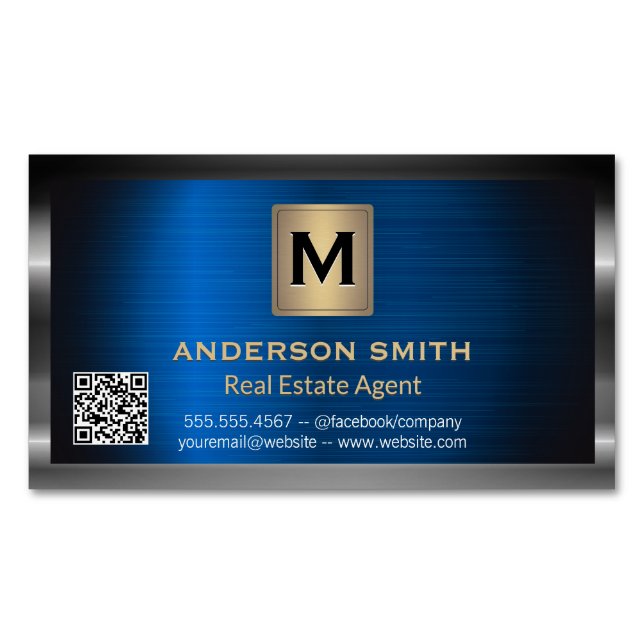 Dark Metallic Frame | Blue Metallic | QR Label Business Card Magnet (Front)